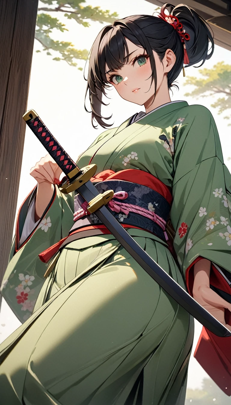 (((Best Quality, 8k, masterpiece: 1.3)), (  Details),  perfect face,  high definition,  wrinkled skin ,  anime style, Girl Samurai,   girl,  Black Hair ,  Side Ponytail , Japanese sword in its sheath, kimono,  Light Green Japanese Clothes, From below