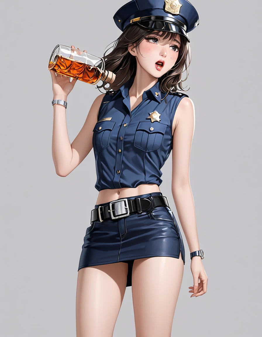 NSFW, high resolution image, best quality, Naked Korean beauty with hand over mouth１people,((Weeping face:1.0)), shiny skin, delicate body,Small breasts, shiny dark hair ,Ultra detailed round eyes ,((White background)),((sleeveless police shirt:1.2)),(( Ultra Miniskirt That Highlights Long Legs:1.2)),((Wear a police officer belt with a low waist:1.5)),((square silver buckle:1.5))(silver watch on the wrist:1.5),(police hat :1.2),( standing :1.3),(Depicting the body from the knees up),( cowboy shot:1.3),24K,(Holding whiskey:1.5),(Freckles:0.5),((Drunk:0.9)),(( short boots :0.5))