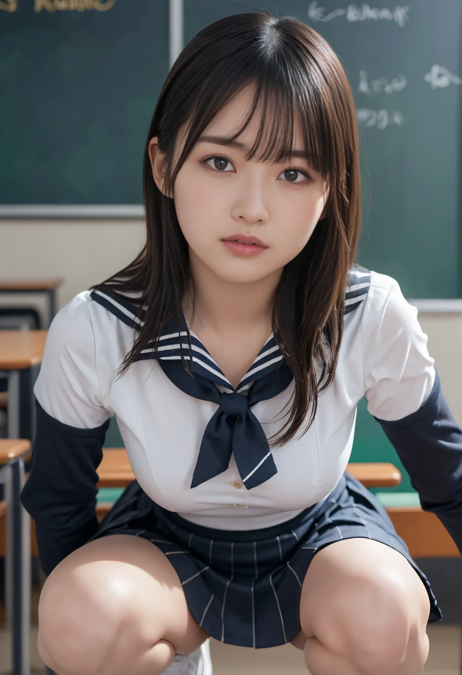 1girl in、18-year-old schoolgirl、(Super beautiful)、(beauitful face:1.2)、(Clear pubic contours),(spreads her legs)、(tie up with rope:1.4)、Classroom chairs、high-school uniform、a sailor suit、Dark blue pleated skirt、(white panties)、(At SFW:1.1)、(((Show her little)))、((small tit))、Small breasts、small tits、Petite bust、She's crying、She's opening her mouth、She has her eyes closed、