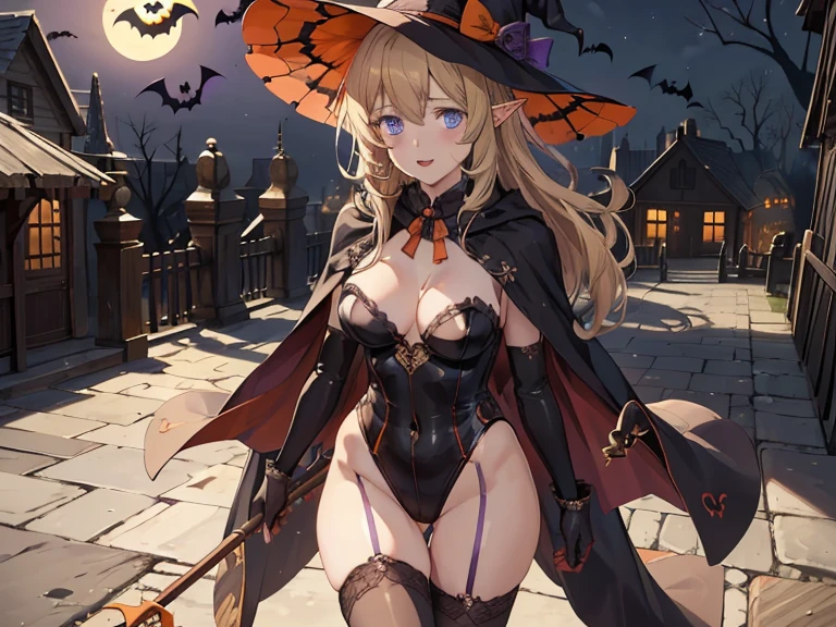 (((masterpiece))), beautiful detailed eyes, beautiful, amazing, best quality, anime picture, unity 8k wallpaper, pov,((solo)) , ((looking for view)) ,a girl, skinny, tsurime, middle breasts, (half open eyes) ,, ((halloween)), hat ,witch hat ,leotard in halloween town ,((night)), ,cowboy shot,delicate colors, illustration, bright colors, beautiful,outfit-iris, demon horns, elbow gloves, purple thighhighs, purple wings,ryuu, thight boots, cloak, elbow gloves, green underwear,delicate colors, illustration, bright colors, beautiful, elf blond hair, blue eyes
