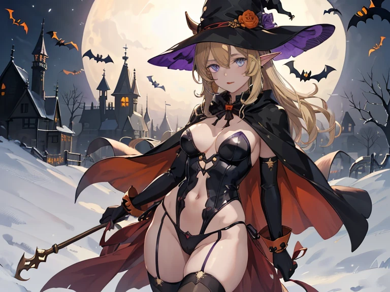 (((masterpiece))), beautiful detailed eyes, beautiful, amazing, best quality, anime picture, unity 8k wallpaper, pov,((solo)) , ((looking for view)) ,a girl, skinny, tsurime, middle breasts, (half open eyes) ,, ((halloween)), hat ,witch hat ,leotard in halloween town ,((night)), ,cowboy shot,delicate colors, illustration, bright colors, beautiful,outfit-iris, demon horns, elbow gloves, purple thighhighs, purple wings,ryuu, thight boots, cloak, elbow gloves, green underwear,delicate colors, illustration, bright colors, beautiful, elf blond hair, blue eyes
