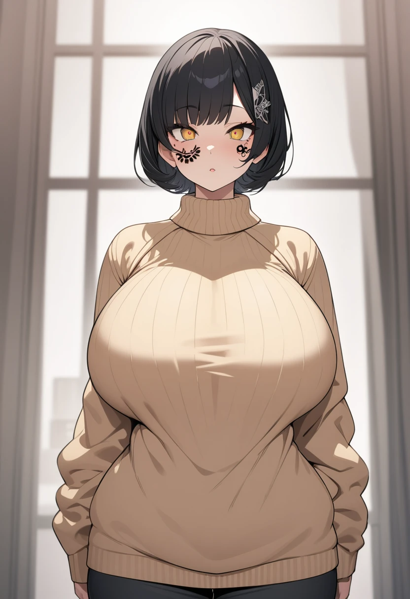 Tsume Inuzuka, Huge_breasts,  Standing, alone, facial_tattoo, sweater,,  masterpiece , better_quality, DETAILED_rostro, DETAILED_eyes,  High resolution, beautiful, DETAILED, high resolution