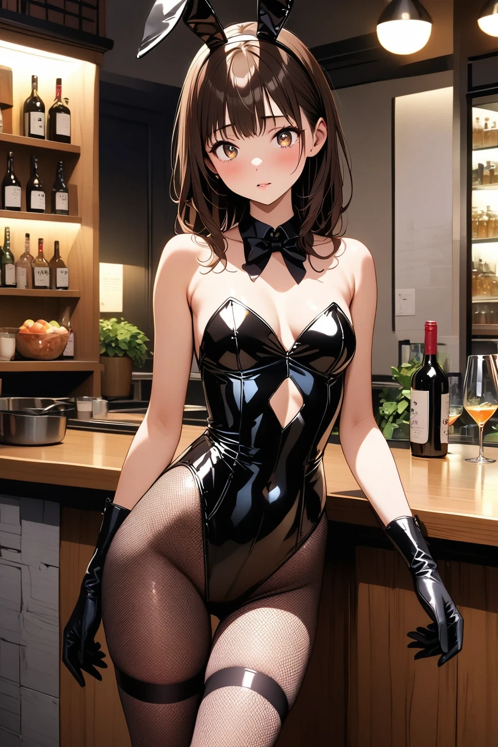 8k, highres, ultra detailed、、best quality,、high quality,masterpiece,detailed, high resolution、、best quality,、high quality,masterpiece,detailed, high resolution,、wide shot、、、nsfw,1girl、sister、woman、blunt bangs bob cut,nude、Highly detailed illustration, super cute and beautiful lady,long sleeves, detached collar, breasts out, navel, (no panties:1.3), (pasties, maebari:1.1), (reverse bunnysuit:1.3), show off stomach,((((small titis)))), , beautiful blush((((ecstatic))))smlie face and eyes, beautiful shoulder length bob ((black)) braid hair, ((((cafe room)))),((Boldly open legs)),low angle shot,sitting table,elf