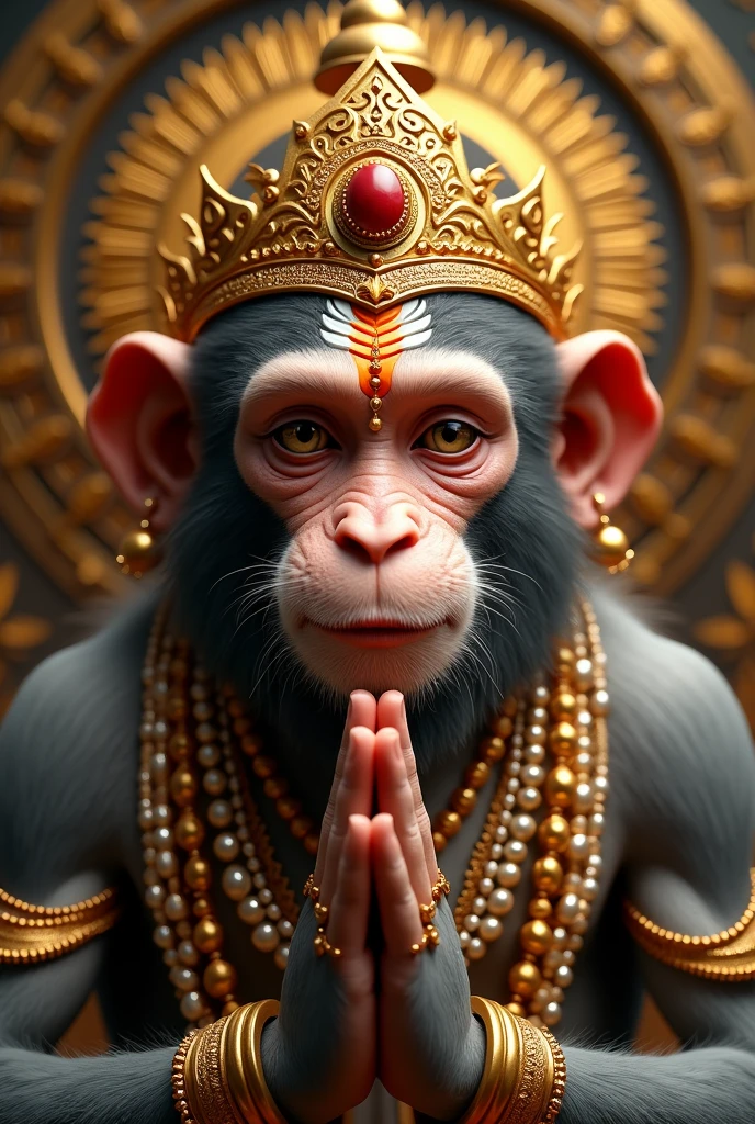 Create a highly detailed, full HD image of a mythical character resembling the Hindu deity Hanuman. The character should have striking blue eyes, a peaceful expression, and be depicted in a traditional praying pose. The character's fur should have a realistic texture with fine detailing, and their face should exhibit an intricate mix of human and simian features. Adorn the character with golden jewelry, including necklaces, earrings, and a forehead ornament. The background should have a subtle blue hue that complements the overall divine and serene atmosphere of the scene.