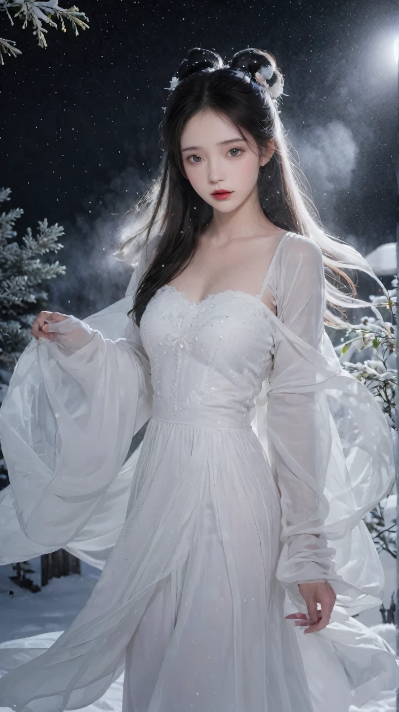 Floating in the snow at midnight、 Please draw a ghostly Snow Girl .。 to highlight her fair, clear skin and cold gaze、 Add some fog around the area .。Flowing posture，Fairy