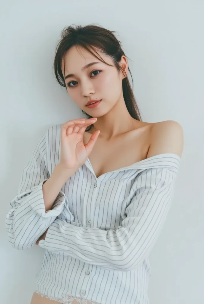 Only one woman with a cute smile is in a pose wearing off-shoulder pajamas, making a firm big heart shape with both hands, and holding them in front of her chest, View above collarbone、The background is a monotone 

