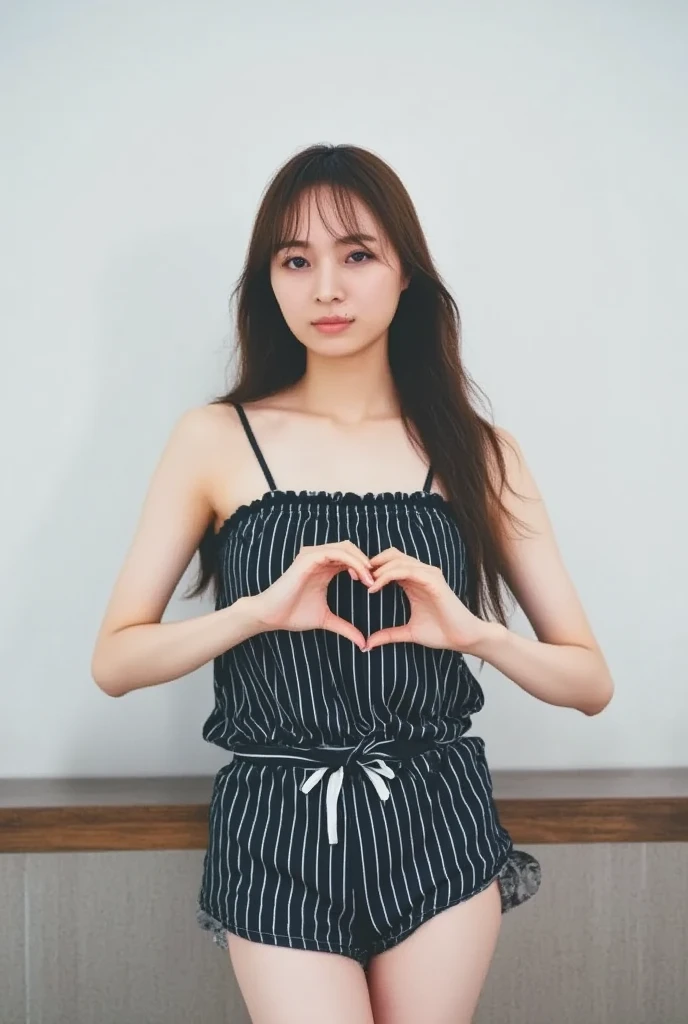 Only one woman with a cute smile is in a pose wearing off-shoulder pajamas, making a firm big heart shape with both hands, and holding them in front of her chest, View above collarbone、The background is a monotone 

