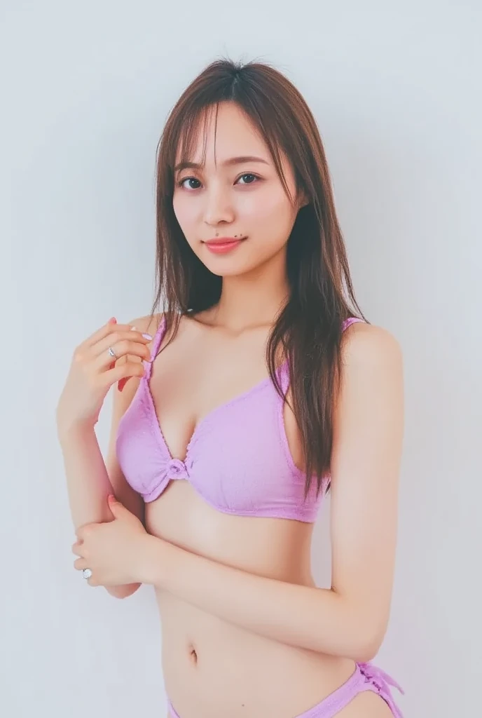 Only one woman with a cute smile is in a pose wearing off-shoulder pajamas, making a firm big heart shape with both hands, and holding them in front of her chest, View above collarbone、The background is a monotone 

