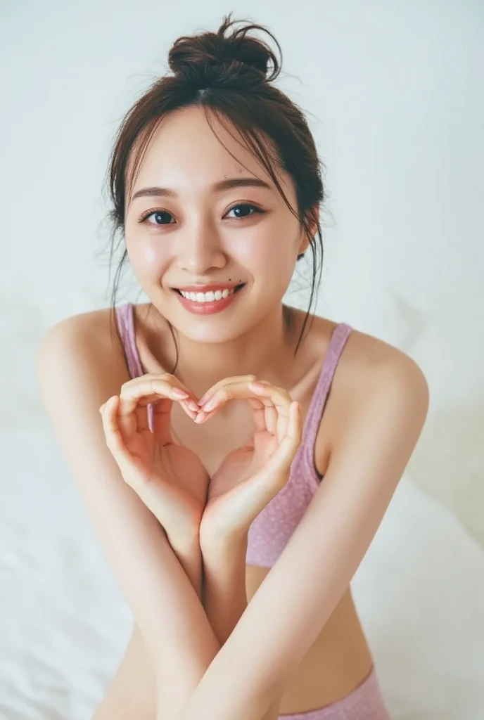 Only one woman with a cute smile is in a pose wearing off-shoulder pajamas, making a firm big heart shape with both hands, and holding them in front of her chest, View above collarbone、The background is a monotone 

