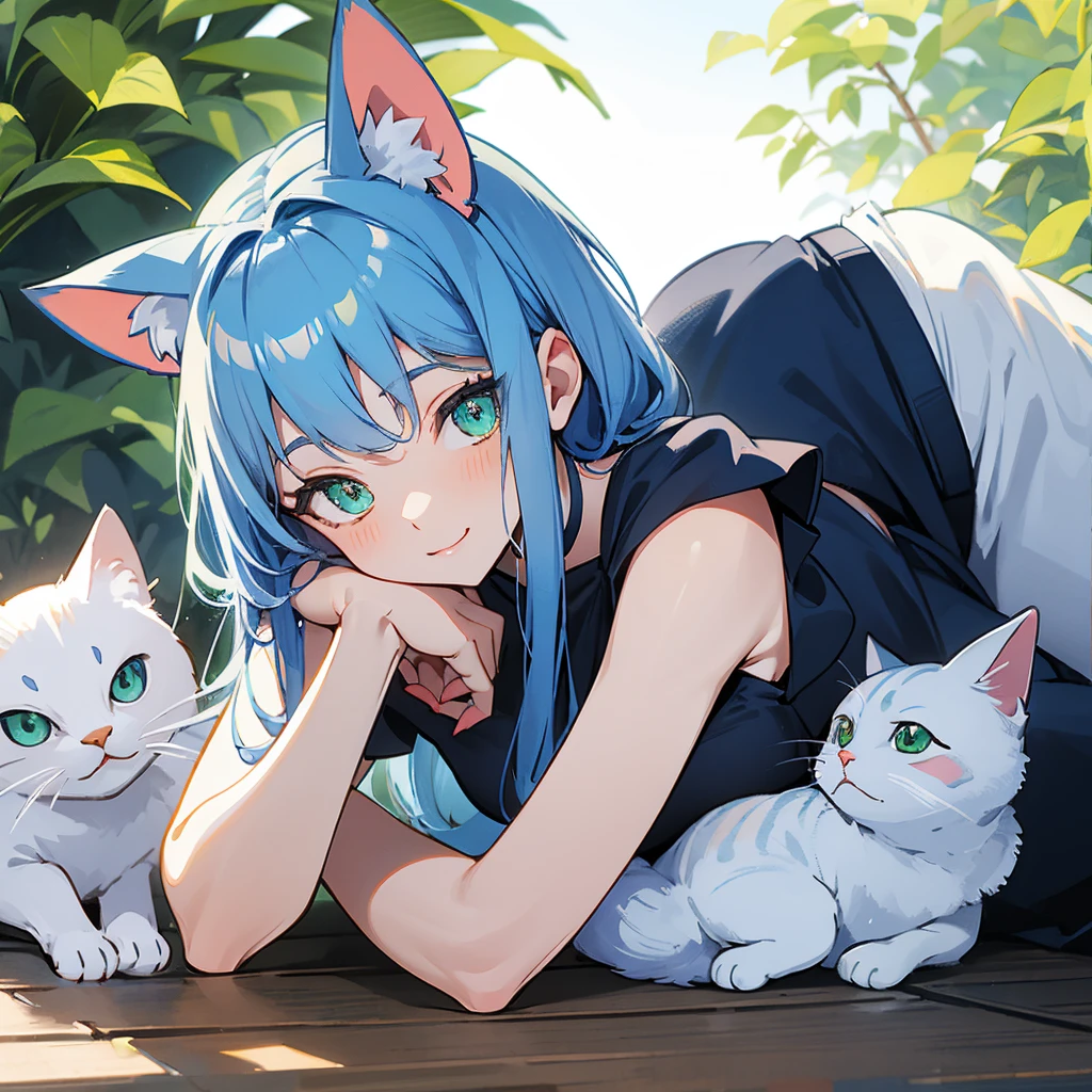 Felicia,  blue hair , green eyes, Cat&#39;s tail,  happy ,  cute smile, Highlight Details, Big Breasts,  happy , (Inside an old train with a cat theme)  sitting at table , Drink coffee.