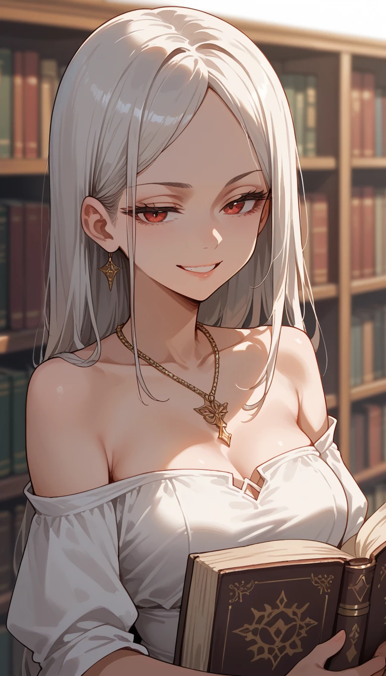 serie, solo, blurry, blurry background, book, book stack, bookshelf, depth of field, library, bare shoulders, white dress, evil smile, half-closed eyes, upper body, off shoulder, jewelry, necklace, BREAK score_9, score_8_up, score_7_up, score_6_up, score_5_up, score_4_up, anime,white background, simple background, 
