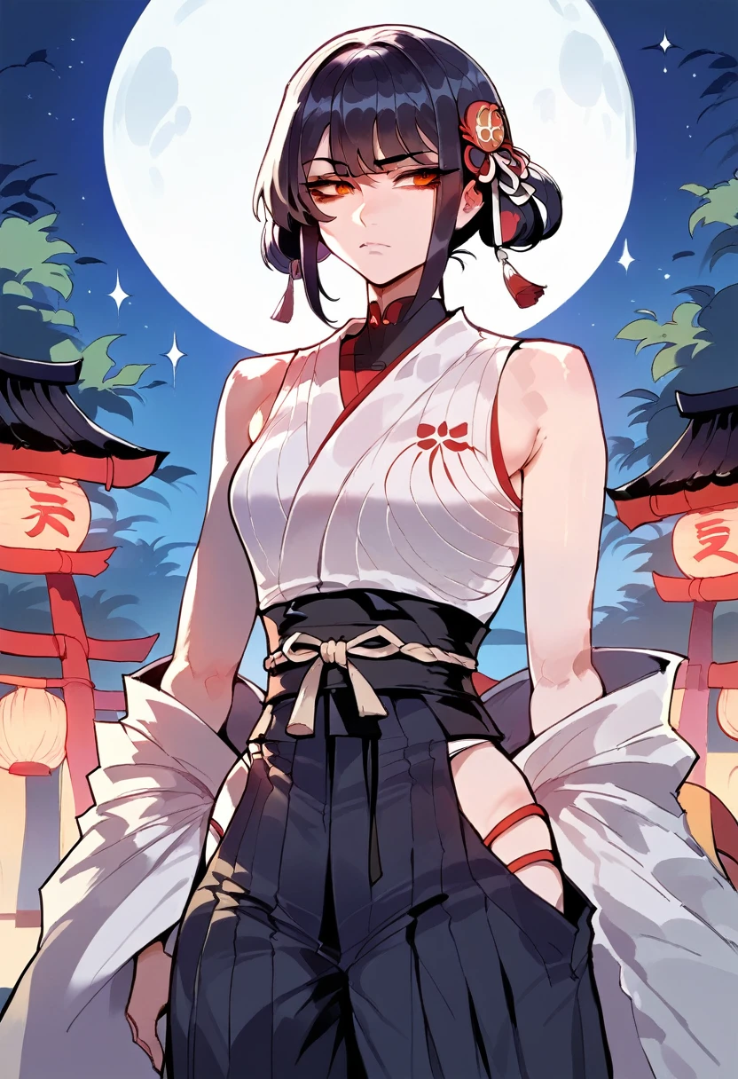 masterpiece, best quality, absurdres, perfect antomy, sui-feng, 1girl, solo, cowboy shot, outdoors, standing, japanese clothes, black hakama, hip vent, sleeveless, night, moon