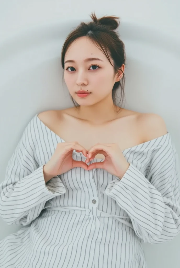 Only one woman with a cute smile is in a pose wearing off-shoulder pajamas, making a firm big heart shape with both hands, and holding them in front of her chest, View above collarbone、The background is a monotone 

