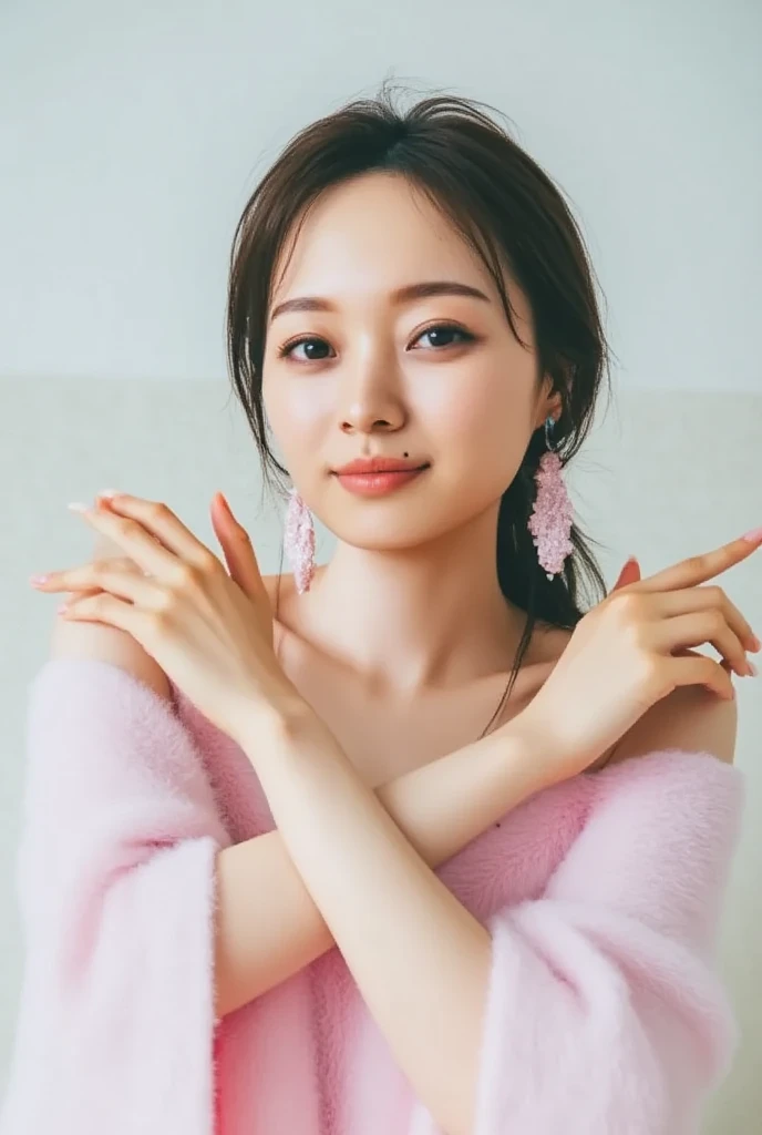 Only one woman with a cute smile is in a pose wearing off-shoulder pajamas, making a firm big heart shape with both hands, and holding them in front of her chest, View above collarbone、The background is a monotone 

