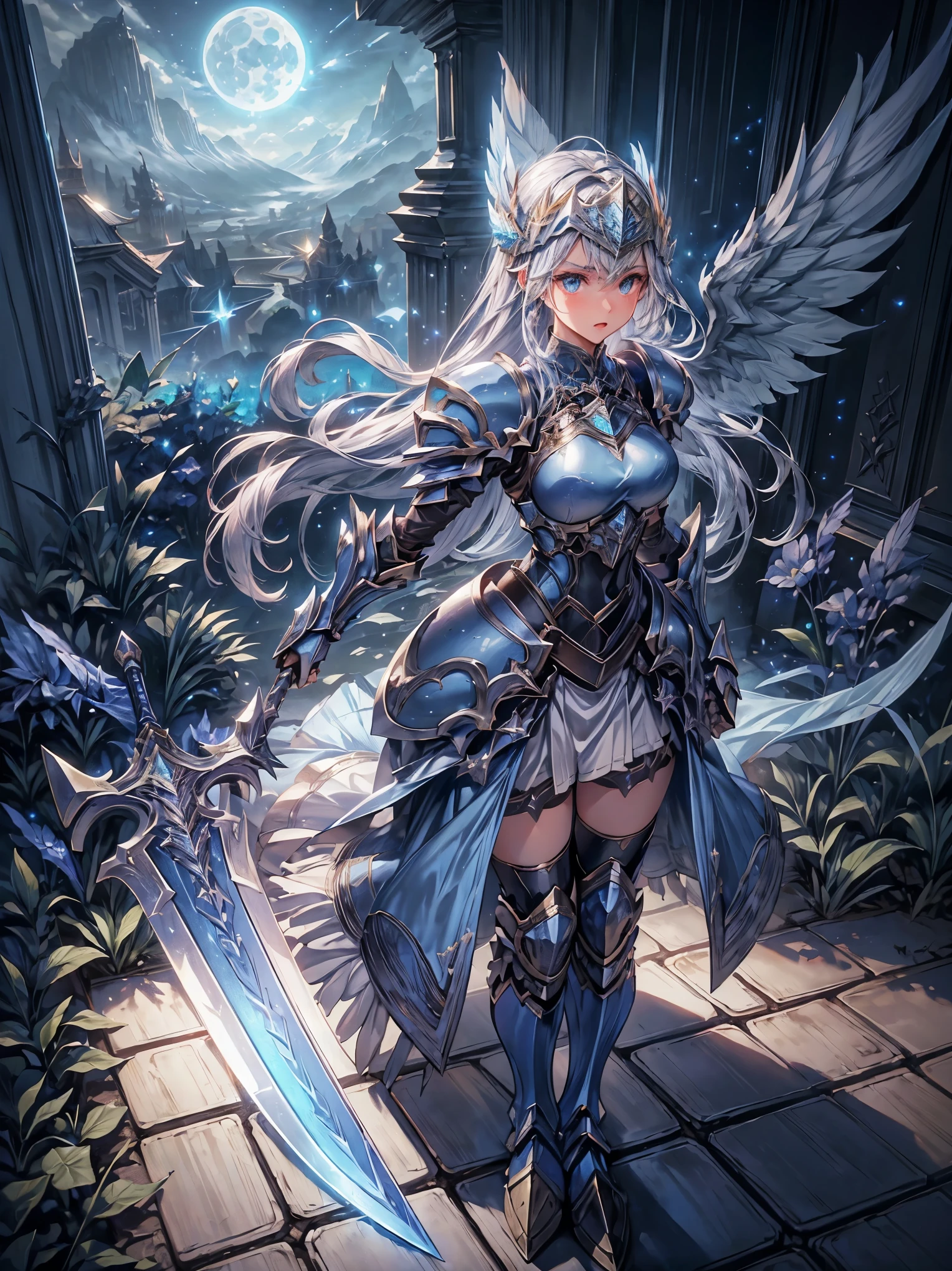 score_9, score_8_Excellent, score_7_Excellent, A 32K ((Best Quality)),( ultra high resolution),(Super detailed),( detailed depiction )((Highly detailed CG integration))),Maxi Kit, wide shot,break、 big angel wings, hair with dazzling highlights , very long hair,,Detailed face, charming big blue eyes ,Glowing Detailed Eyes with Highlights ,Beautiful Skin, girl holding angel wings and sword , Grey Hair, (Realistic),(( super real , Dynamic action poses with vivid 3D )), dynamic action pose for battle scenes , ,Shiny blue armor ,Decorative blue armor, armored dress , ( winged helmet )Blue Breastplate,Blue shoulder brace , Blue Gauntlets, Shin guards, , blue shin guard ,( ( equipped with a giant blue holy sword :1.6)), ((Dramatic Graphic Background:Starry Sky,Giant Moon、 Beautifully Detailed Backgrounds,blue moon and star background,Night Sky)), , (solo:1.6 )