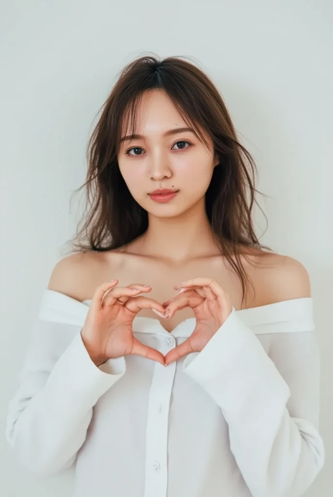 Only one woman with a cute smile is in a pose wearing off-shoulder pajamas, making a firm big heart shape with both hands, and holding them in front of her chest, View above collarbone、The background is a monotone 

