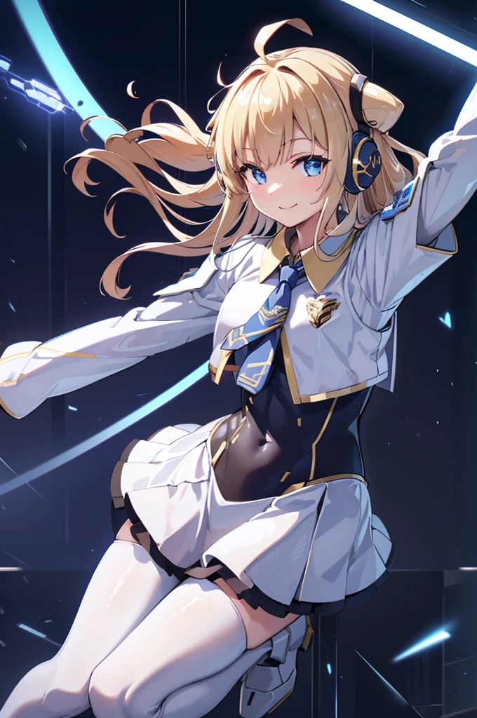  smiling、mecha wing、Thighs、tights、chest、shiny blond hair、 1 girl、 solo girl 、 headphones、idol dress、idol skirt、mecha girl、Light Blue Armor、 white miniskirt 、I'm holding a beam rifle,beamrifle