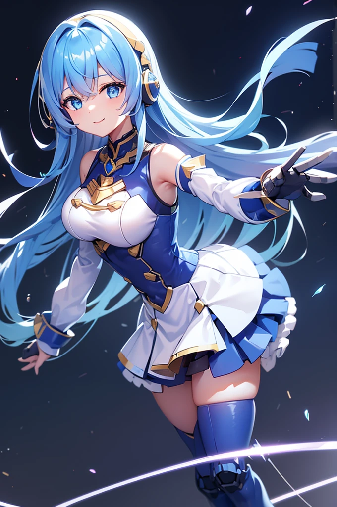  smiling、mecha wing、Thighs、tights、chest、Shiny blue hair、 1 girl、 solo girl 、 headphones、idol dress、idol skirt、mecha girl、Light Blue Armor、 white miniskirt 、I'm holding a beam rifle,beamrifle