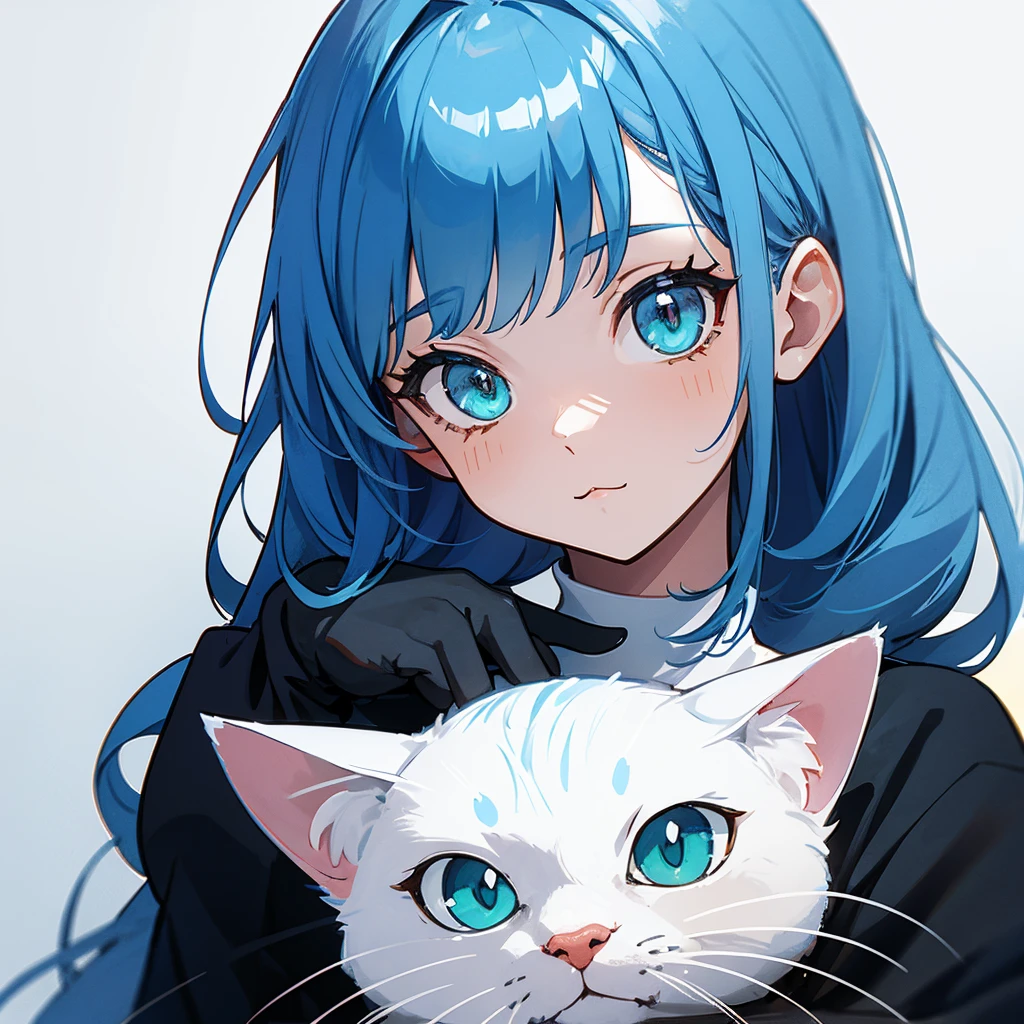 Felicia,  blue hair , green eyes, Cat&#39;s tail,  happy ,  cute smile, Highlight Details, Big Breasts,  happy , (Inside an old train with a cat theme)  sitting at table , Drink coffee.Beastman、