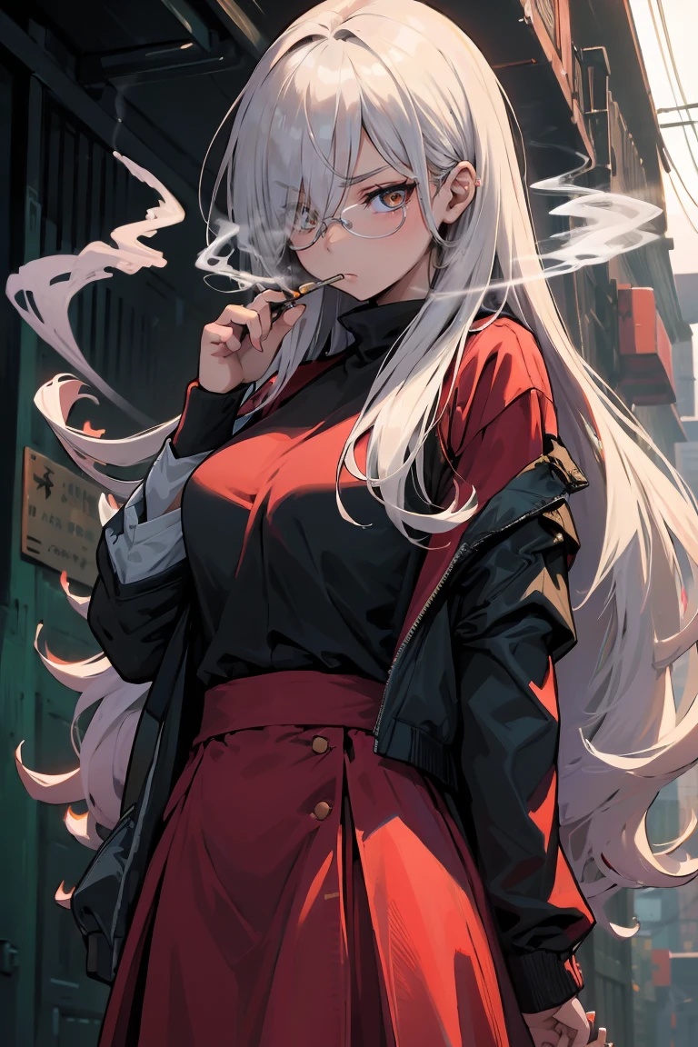 (best quality,highres,masterpiece:1.2),1girl, long_hair, hair over one eye, silver_hair, amber_eyes, glasses, long skirt, serafuku, delinquent, smoking,