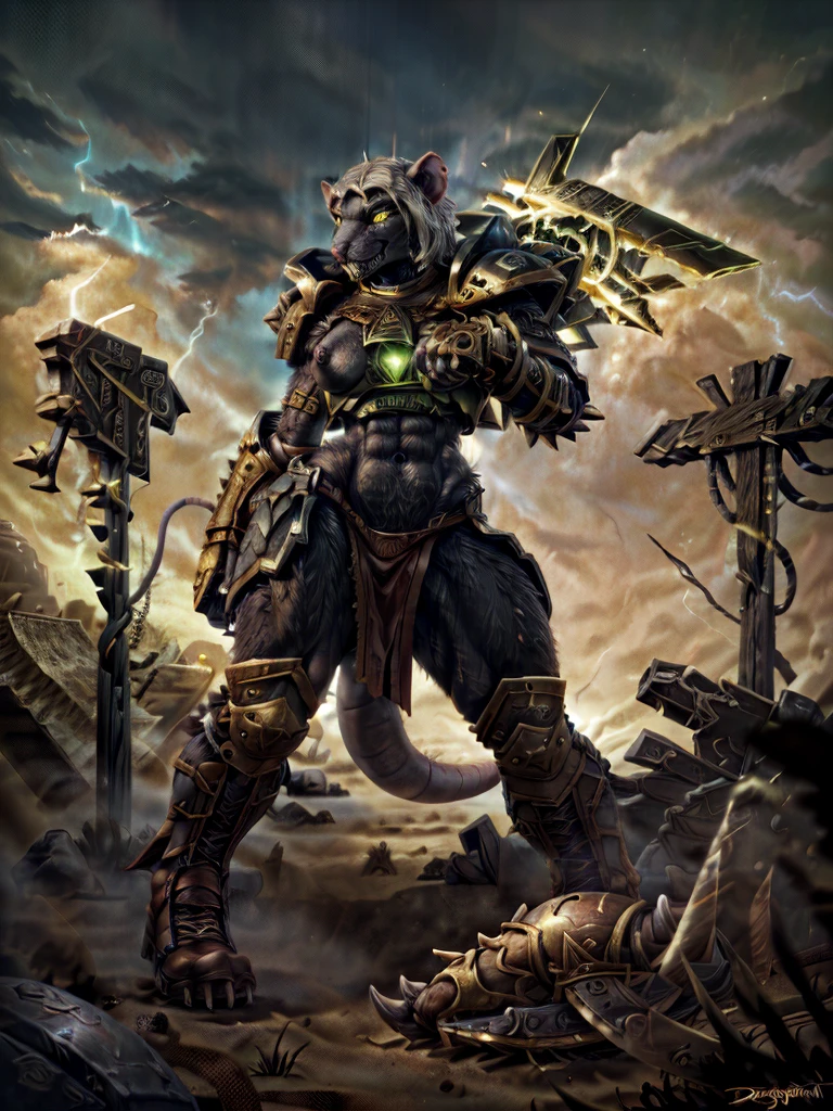 solo,anthro, rat, rodent, skaven, fluffy, safe, rat tail, hairy, warhammer fantasy, vermintide, front view, black body:1.3,masterpiece,highly detailed,8k resolution,solo,ultra detailed perfect piece,masterpiece,extremely detailed CG 8k,very fine 8K CG,best quality,absurdres,zoomed out view,full body view, full length portrait,((anthro)), 8k, 4k, 2k, detailed, intricate, (female), ((solo)), ((detailed fur)),Perfect Anatomy

Detailed background,a desert themed wasteland in a battle feild, in control of other skaven,zoomed out full body view

Character a very big and tall Skaven female standing at over 12ft tall being a towering figure being taller then a house,D cups,thick thighs,feminine massively over-muscled phyique with abs,muscular arms,muscular legs,short white hair in a bob cut,thick messy fur on the body,dark black fur only,golden yellow eyes,one singular long pink rat tail,a pink nose on her snout,sharp fanged teeth on the muzzle,hands and feet being pink and rat like paws like with long and sharp claws for, she is smiling and confidently

She wears nothing but a space marine’s armor but with no helmet or gloves or boots, the armor is scavanged up and themed to fit for a skaven as a scavanges and forced to fit for a top and bottoms, the armor has an energy shield powered by the green glow of warpstone, the armor is black with the main color, red with rhe secondary color, with gold and silber timmongs

She has a Modified Storm Bolter in her left hand, a powerful Railgun/Sniper fusion on her back, and in her right hand lightning-infused blue steel axe with a blue lighting glow to it

by personalami, by zephyxus, by darkgem, by null-ghost, skaven, MFBP1