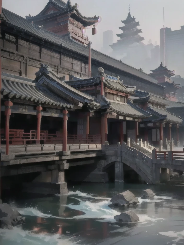 There is a picture of the building，There is a bridge over the river above, A beautiful rendering of a beautiful woman from the Tang Dynasty,  Cyberpunk Ancient Chinese Castle, Japanese cities, Dreamy Chinatown, Ross Chen. Landscape background,  Akihiko Yoshida .  Unreal Engine ,  Cyberpunk Japanese Temple , andreas rocha style, Japanese Town, Japanesism 3D 8K Ultra HD 