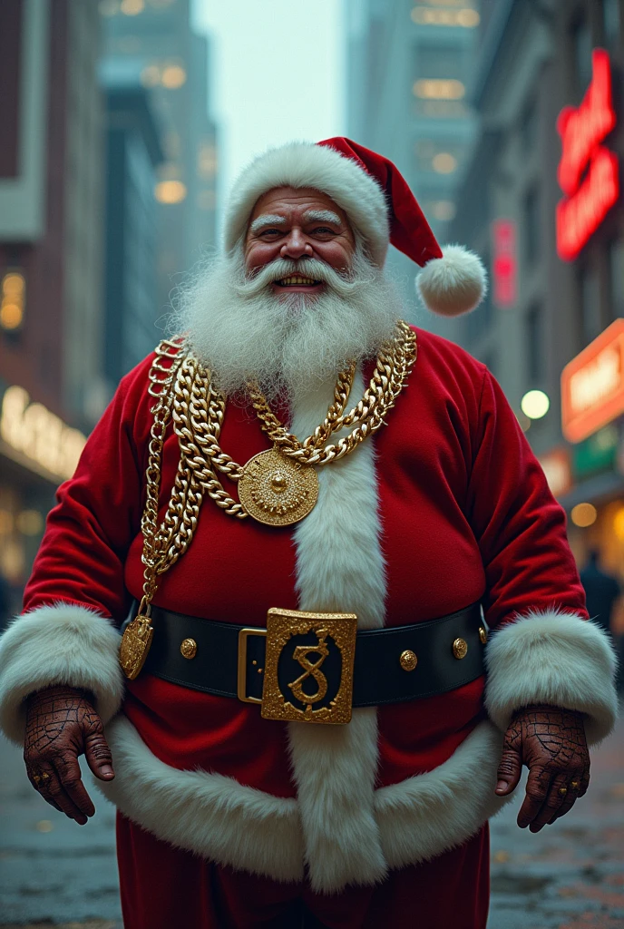 Santa Claus with gold teeth and chains 

