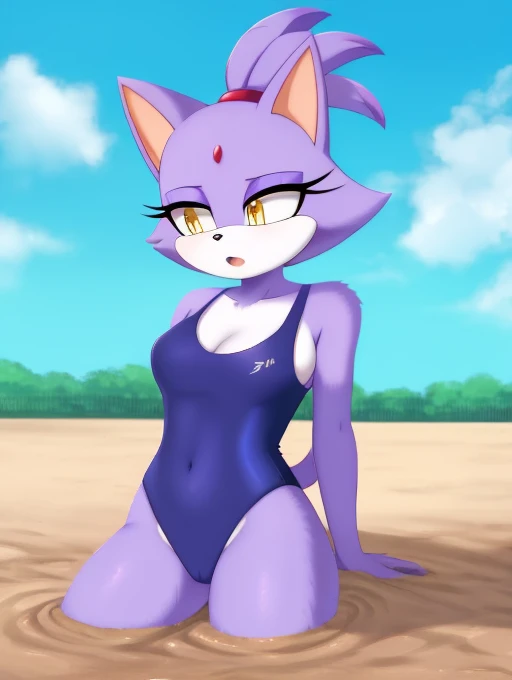 masterpiece, best quality, highres, Blaze The Cat, 1girl, animal_ears, closed_mouth, red forehead_jewel, fur_trim, furry, furry_female, purple_hair, solo, standing, tied_hair, topknot, yellow_eyes, tail, solo, perfect hands, perfect anatomy, breasts, swimsuit, sexy breast, one-piece swimsuit, sinking, quicksand, old school swimsuit