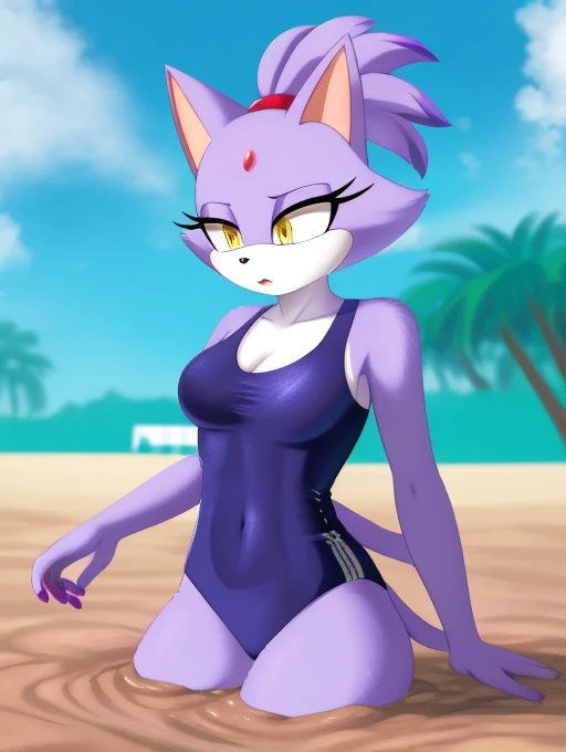 masterpiece, best quality, highres, Blaze The Cat, 1girl, animal_ears, closed_mouth, red forehead_jewel, fur_trim, furry, furry_female, purple_hair, solo, standing, tied_hair, topknot, yellow_eyes, tail, solo, perfect hands, perfect anatomy, breasts, swimsuit, sexy breast, one-piece swimsuit, sinking, quicksand, old school swimsuit