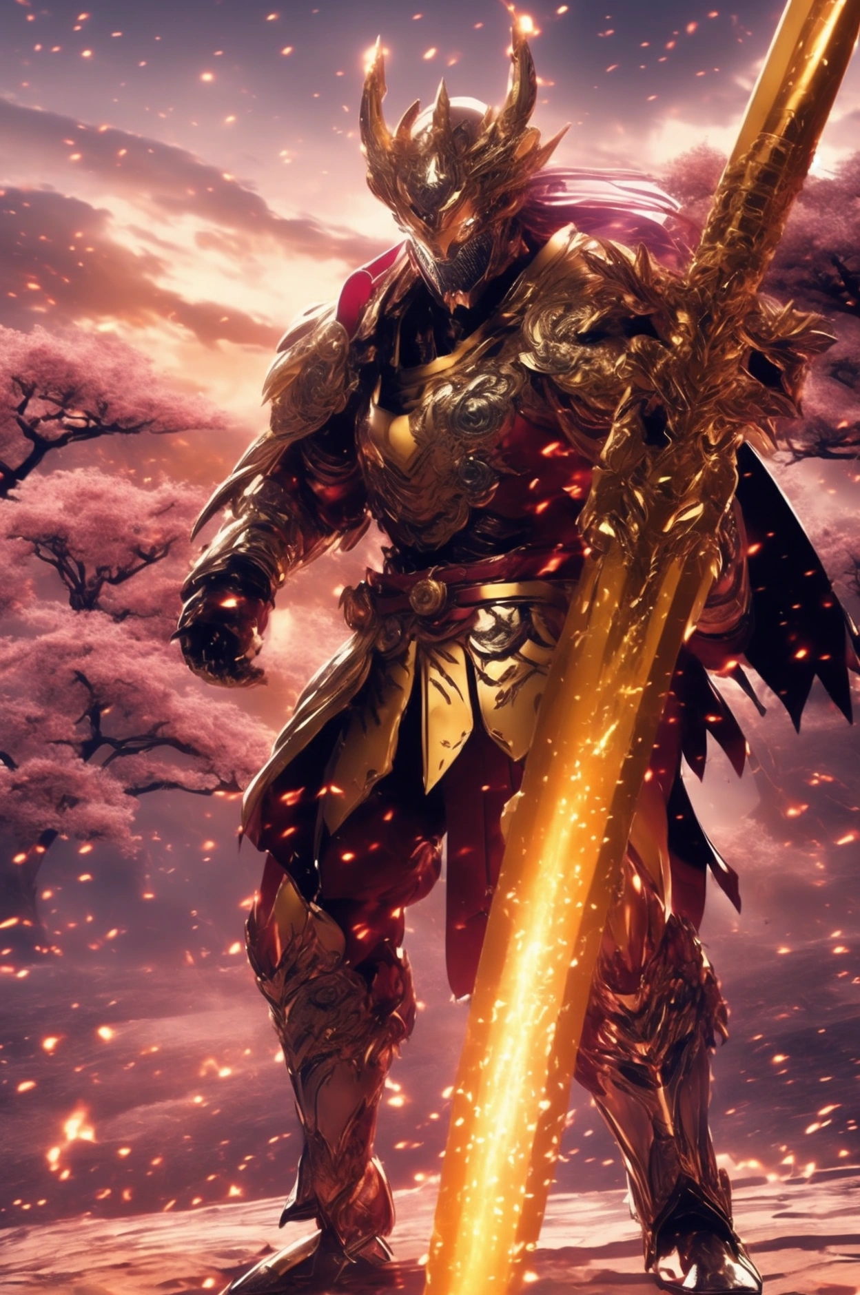 Create an illustration of a half-human, half-dragon warrior. This character is adorned in shimmering golden armor and a flowing purple cape, which billows dramatically in the wind. The warrior has a fierce yet noble expression, showcasing a blend of human and dragon features. In one hand, they wield a powerful bazooka, ready for battle. The backdrop depicts an ancient Japanese battlefield, complete with traditional elements such as cherry blossom trees, samurai warriors in the distance, and a dramatic sky that conveys the intensity of the scene.