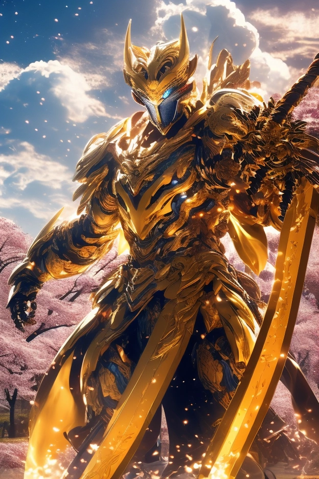 Create an illustration of a half-human, half-dragon warrior. This character is adorned in shimmering golden armor and a flowing purple cape, which billows dramatically in the wind. The warrior has a fierce yet noble expression, showcasing a blend of human and dragon features. In one hand, they wield a powerful bazooka, ready for battle. The backdrop depicts an ancient Japanese battlefield, complete with traditional elements such as cherry blossom trees, samurai warriors in the distance, and a dramatic sky that conveys the intensity of the scene.