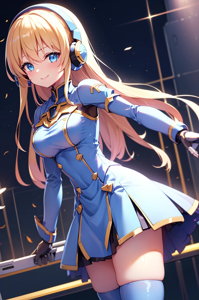  smiling、mecha wing、Thighs、tights、chest、shiny blond hair、 1 girl、 solo girl 、 headphones、idol dress、idol skirt、mecha girl、Light Blue Armor、 white miniskirt 、I'm holding a beam rifle,beamrifle