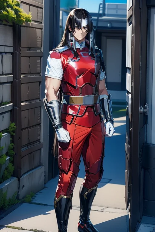 ( Best Quality ),Back Alley, クールでハンサムな顔の日本人美しいセクシーな若いホスト18 years old, Host handsome ,  beautiful sexy young Sentai hero ,  shiny squadron hero suit , 18 years old,  toned and muscular ,  cool and handsome face ,, Tall, Long Hair, Long bangs , Sentai Hero is cornered by the wall 、 raise both hands、Surrender,Frightened expression