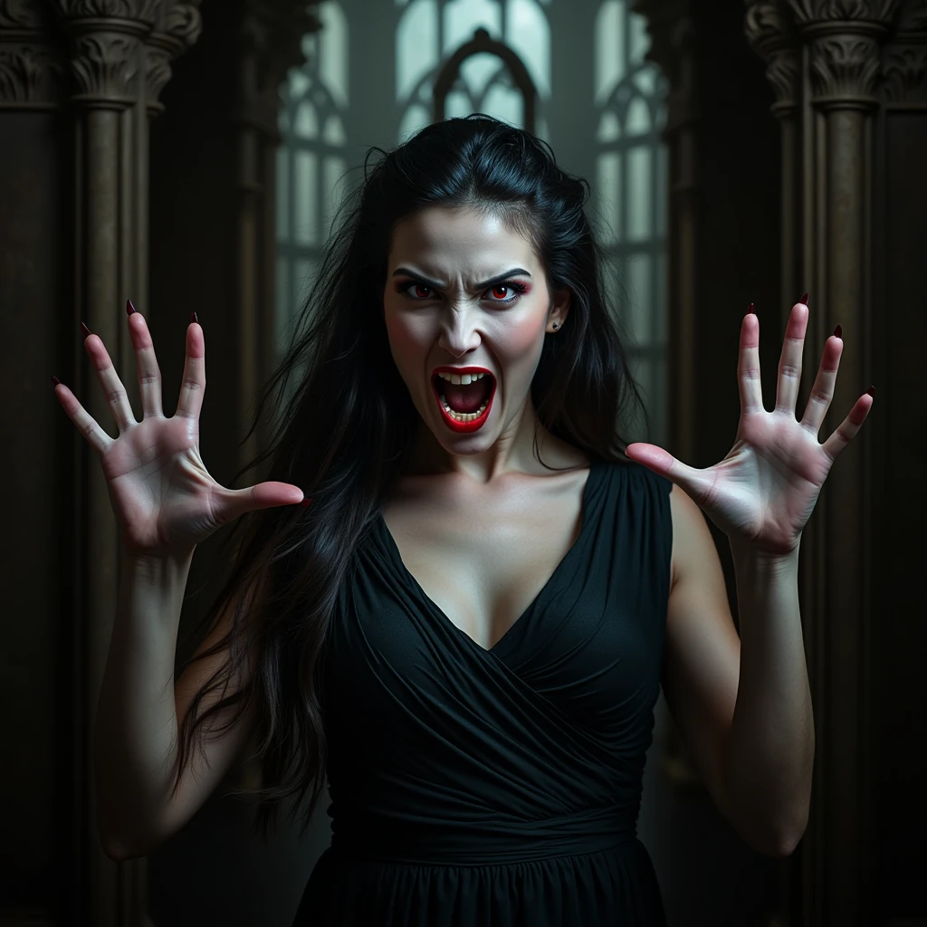 (masterpiece, best quality:1.2), dark fantasy vampire, beautiful female vampire, pale skin, dramatic red lips, sharp fangs, long dark hair, piercing red eyes, dramatic lighting, dark and moody atmosphere, cinematic, chiaroscuro lighting, dramatic shadows, dramatic pose, elegant gothic dress, ornate gothic architecture, dramatic color palette