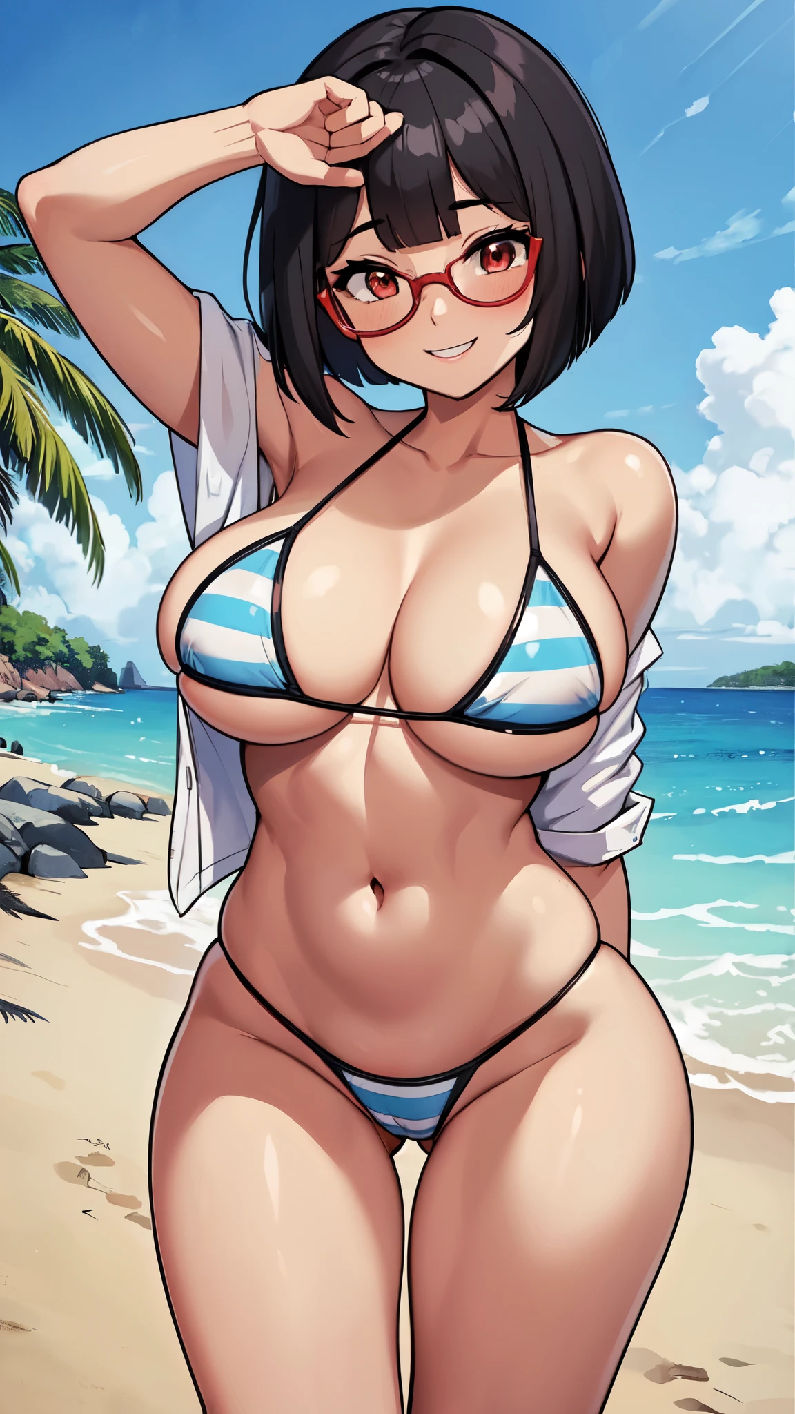 (( 1girl in)), NSFW、blush,(well-muscled)、Brown skin、Light blue hair、Eyes are green、double tooth、((big butts))、(((thick thighs)))、Sweat、:D、Short hair、(Light blue striped bikini)、the beach、((spreading legs))、Hands behind the head、((Armpits))、sitting on ground、one eye closed