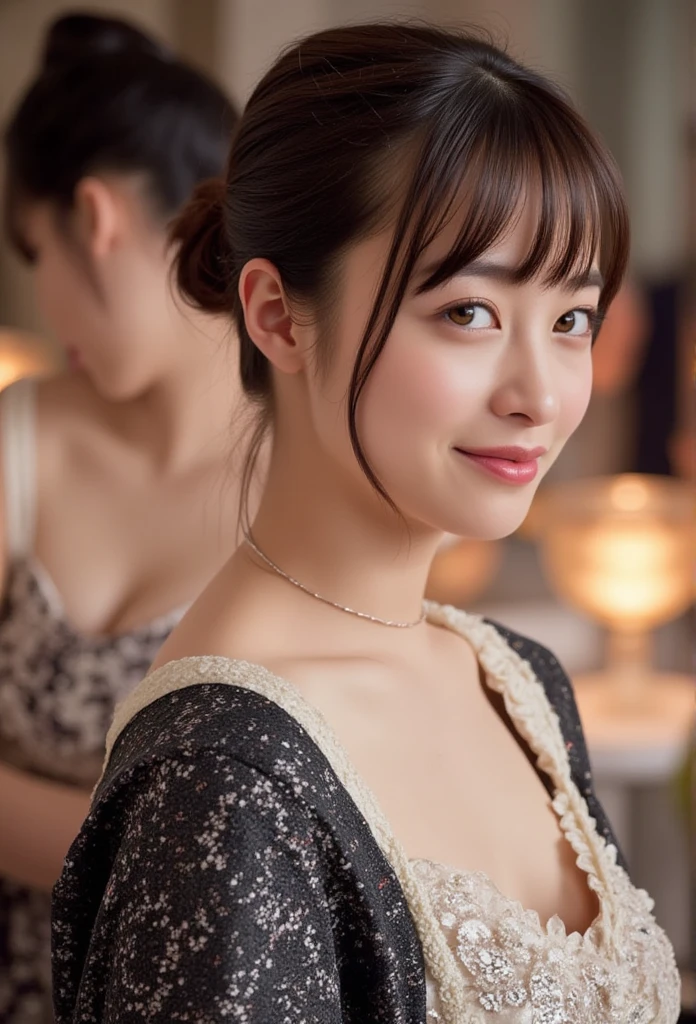 1 beautiful japanese woman in high quality kimono, one shoulder exposed, alluring and charming, cute and friendly expression, sensual and elegant pose, captivating the audience, detailed face, intricate kimono patterns, cinematic lighting, warm color tones, high resolution, photorealistic, masterpiece,Showcasing cleavage,Emphasize the cleavage,Seductive pose