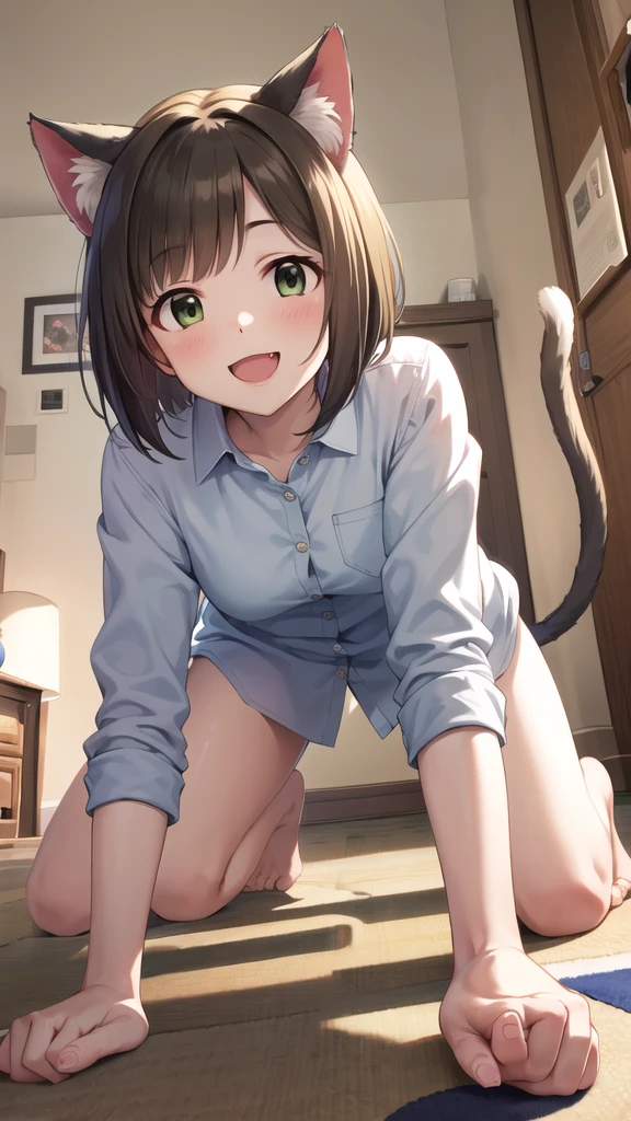 masterpiece, best quality, highres, maemiku, short hair, fang, animal ears, cat tail, long shirt, room, all fours, paw pose, smile, open mouth, toy