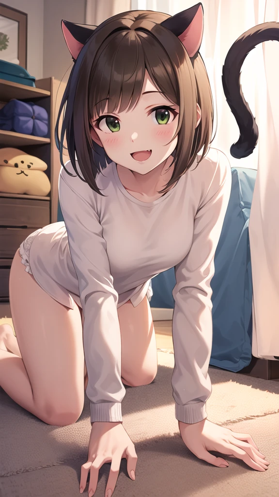 masterpiece, best quality, highres, maemiku, short hair, fang, animal ears, cat tail, long shirt, room, all fours, paw pose, smile, open mouth, toy