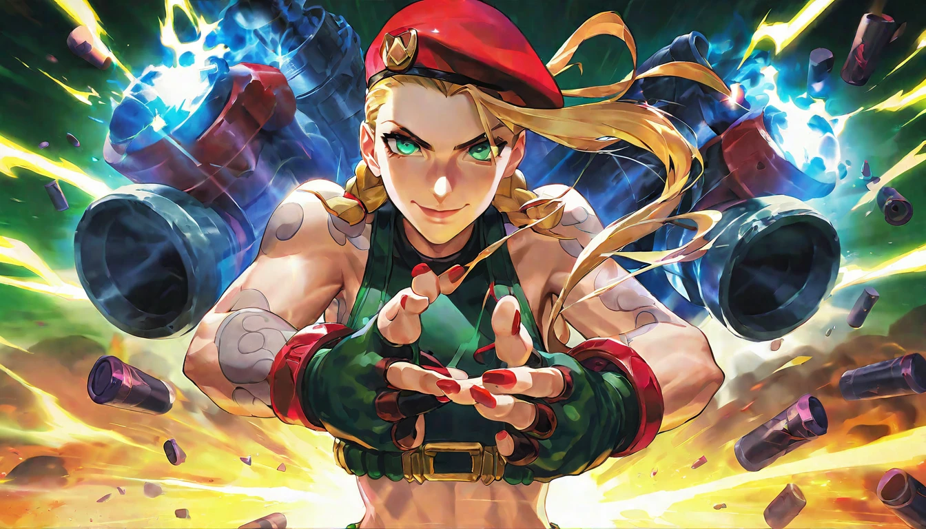 score_9, score_8_up, score_7_up, score_6_up, best aesthetic, 1girl, solo, long hair, looking at viewer, smile, bangs, red beret hat, cammy outfit \(street fighter\), bare shoulders, blonde hair, braid, red gloves, shiny, fingerless gloves, green eyes, nail polish, shiny hair, twin braids, gradient, hands up, gradient background, tattoo, glowing, explosive background, pink nails, asymmetrical bangs, arm tattoo, shoulder tattoo, jinx \(league of legends\), holding a giant cannon