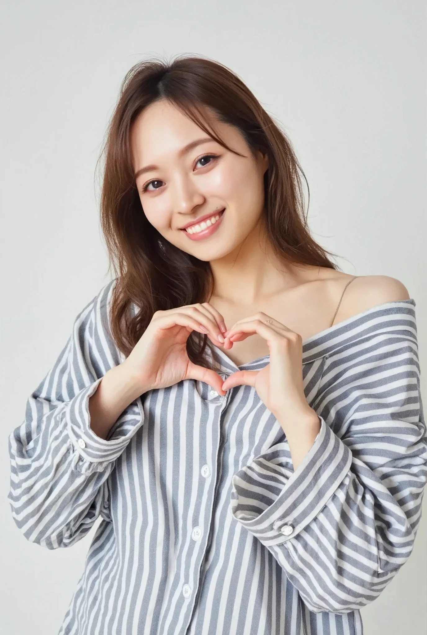 Only one woman with a cute smile is in a pose wearing off-shoulder pajamas, making a firm big heart shape with both hands, and holding them in front of her chest, View above collarbone、The background is a monotone 

