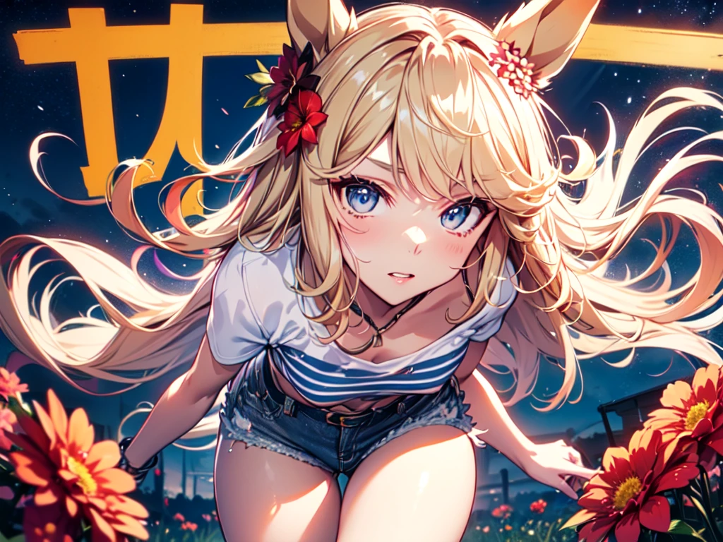 (ソロ:1.5), (alone:1.5), anime, Uma Musume, (horse ear:1.5), (Red Flower Field), (ちびTシャツ:1.5、 denim shorts :1.5), (Curly Wavy Hair, Long Hair), (Red Flower Hair Ornament:1.5), Large Breasts, Lipstick Makeup, Eyeshadow Makeup, Bared Fangs, Muscular, Starry Sky, Night Sky, Strong Wind, From the Chest Up, UHD, Masterpiece, Correct Answer, Ultra HD, High Quality, Award Winning, Top Quality, High Resolution, 8k