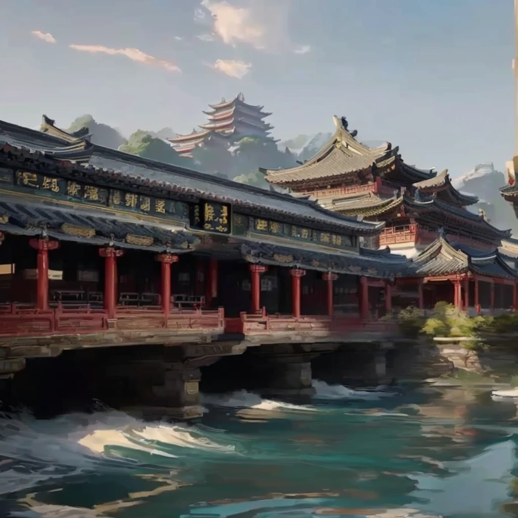  has a painting depicting a bridge across a river，Buildings in the background,  Cyberpunk Ancient Chinese Castle, Dreamy Chinatown, A beautiful rendering of a beautiful woman from the Tang Dynasty,  Cyberpunk Japanese Temple , Japanese Town, Ross Chen. Landscape background, Japanese cities,  Akihiko Yoshida .  Unreal Engine , 4k  conceptual art and hyper realism,  conceptual art | Feng Zhu,   G Liulian Art Style  