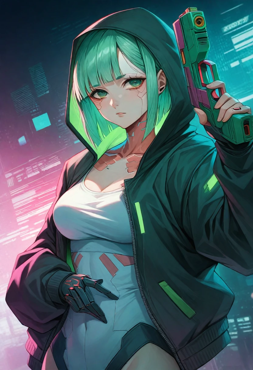 a woman with green eyes and a black jacket holding a gun, anime cyberpunk art, cyberpunk anime girl, best anime 4k konachan wallpaper, cyberpunk anime girl mech, female cyberpunk anime girl, cyberpunk anime art, anime style 4 k, digital cyberpunk anime art, cyberpunk anime girl in hoodie, anime wallpaper 4k, anime wallpaper 4 k, anime cyberpunk