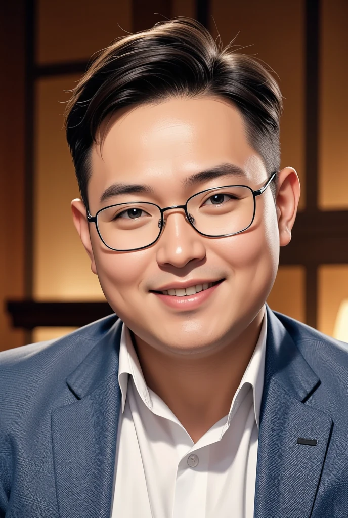 a chubby Thai-Chinese man with short hair, wearing stylish modern clothing and glasses, smiling happily, highly detailed portrait, realistic, photorealistic, extremely detailed face, beautiful detailed eyes, beautiful detailed lips, extremely detailed skin, detailed facial features, detailed clothing, studio lighting, 8k, best quality, masterpiece, 3D, closeup, portrait