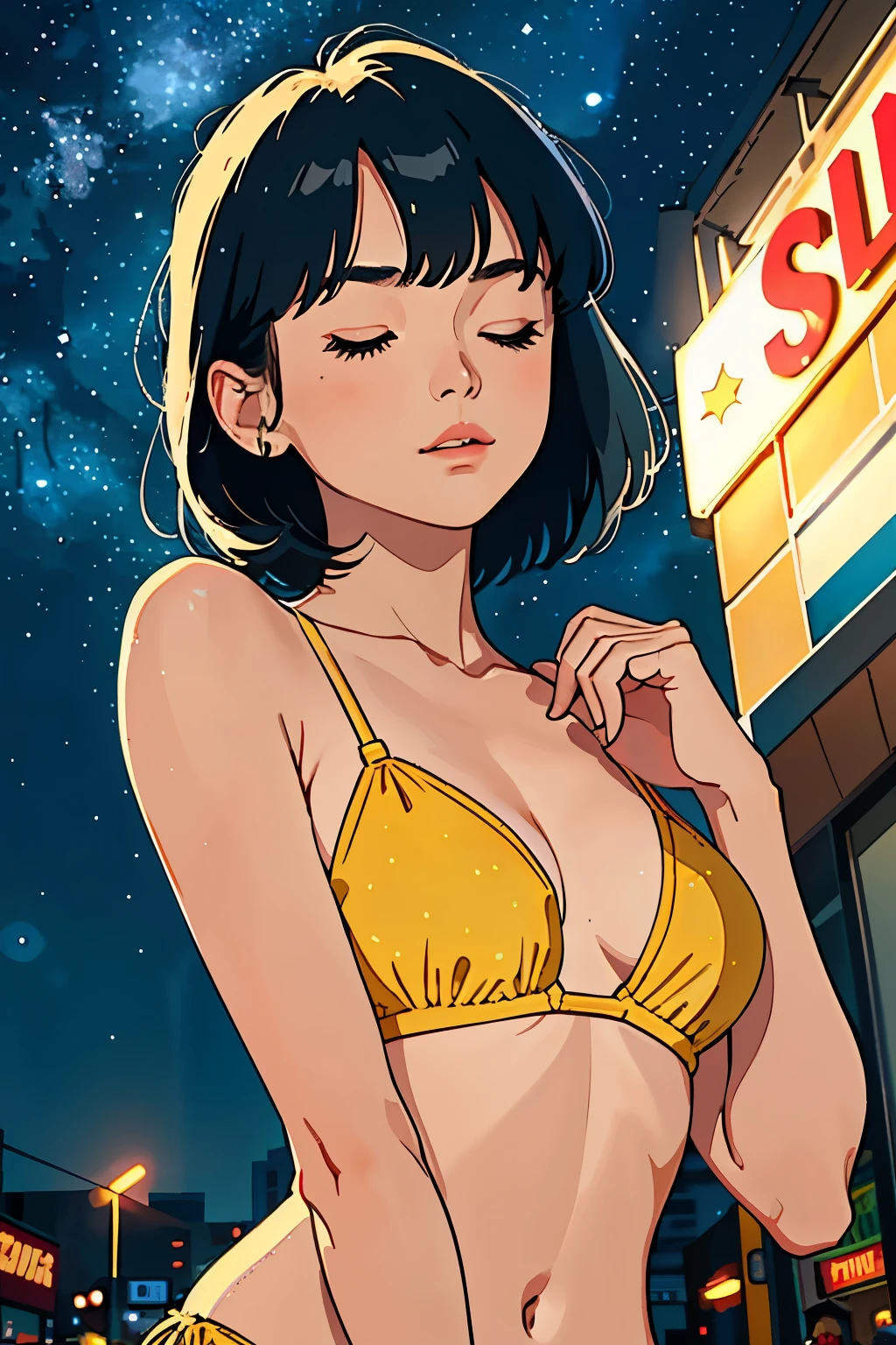 best quality, masterpiece, 1girl, (upper body:1.3), medium hair with bangs, eyes closed, looking up, medium breast, yellow bikini, hands down, shopping street at midnight, (starry sky:1.3)