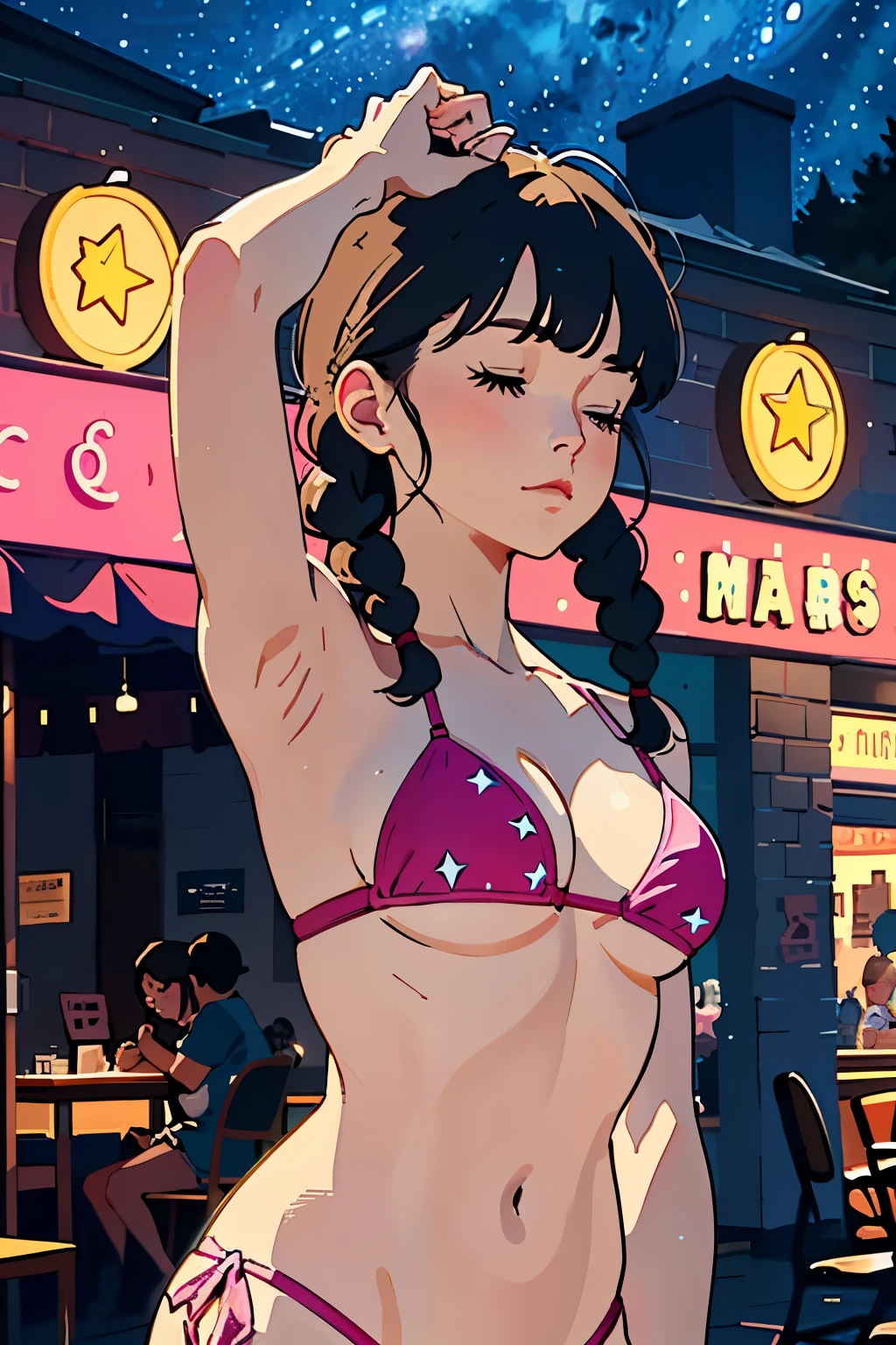 best quality, masterpiece, 1girl, (upper body:1.3), braids hair with bangs, eyes closed, looking up, medium breast, pink bikini, hands down, shopping street at midnight, (starry sky:1.3)