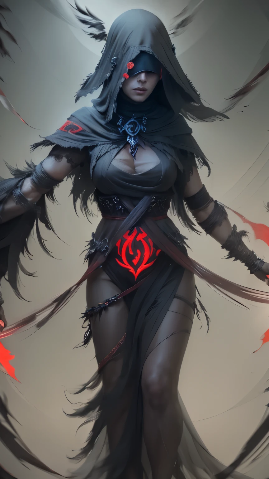 a woman surrounded by crows, blindfolded with a black cloth without showing her eyes, using magic like a black mist and red runes, feathers, dark fantasy, intricate details, cinematic lighting, dramatic atmosphere, somber colors, chiaroscuro, hyper-detailed, masterpiece, 8k, photorealistic