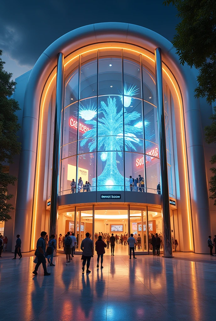 A futuristic museum with a sleek, curved exterior and floor-to-ceiling glass walls, bathed in warm, inviting lighting. The entrance is framed by two gleaming metallic columns, while inside, interactive exhibits and vibrant displays create an electric atmosphere. Exciting concepts and innovative designs fill the space, sparking curiosity and imagination.