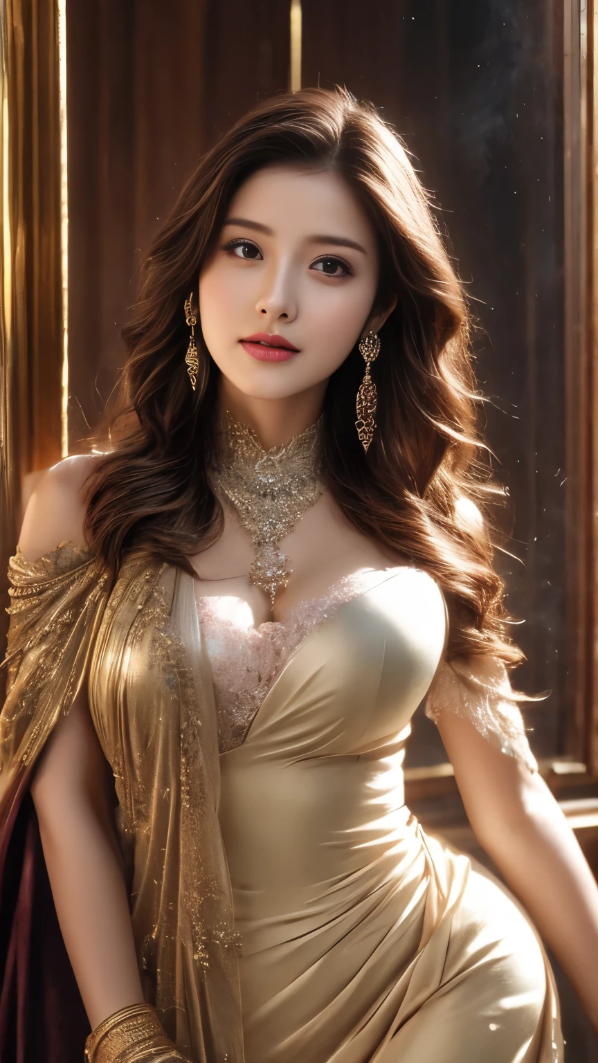 最high quality, masterpiece, High resolution, One girl, transparent silk china dress, Beautiful Face, hair ornaments, View your viewers, smile, Mouth closed,lips, dress,hair ornaments, necklace, jewelry, Long Hair, Earrings, Beautiful Face,On top of that_body, Tyndall effect,Realistic, Dark studio, Rim Light, Two-tone lighting,(Skin with attention to detail:1.2), 8K Ultra HD, Digital SLR, Soft lighting, high quality, Volumetric lighting, Frank, photograph, High resolution, 4K, 8K, Bokeh