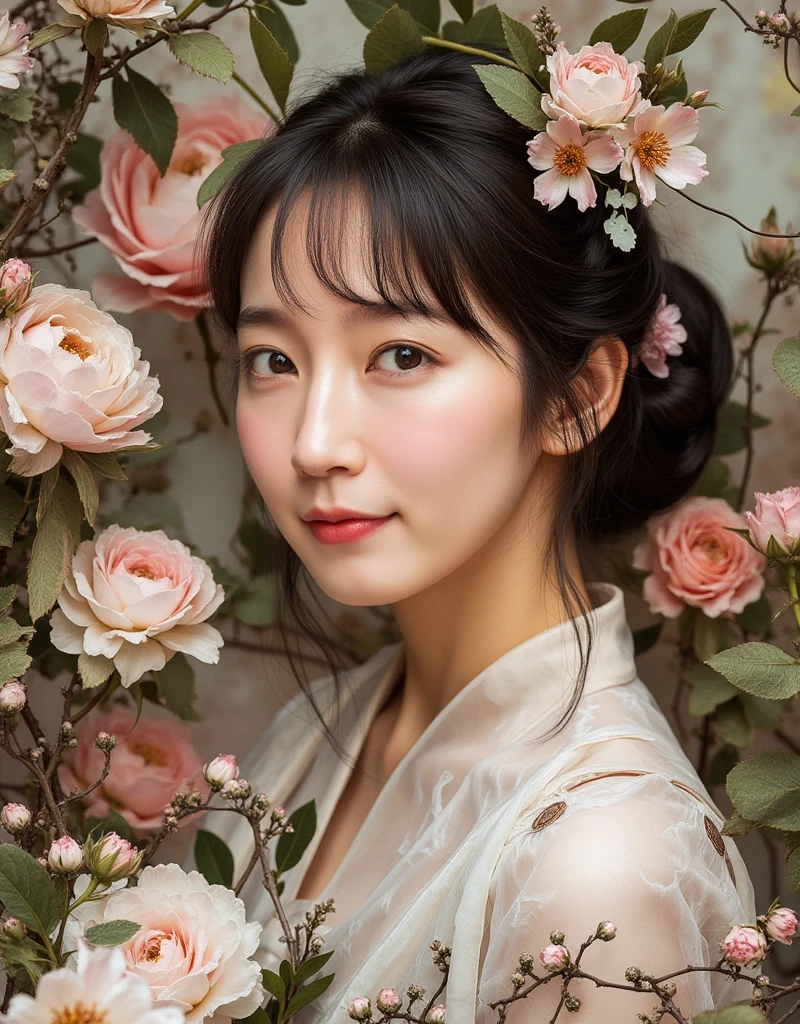 A Beautiful asian woman with flowers, fine art